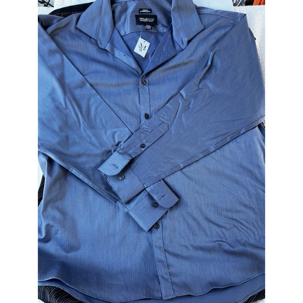 Kenneth Cole AWEARNESS Dress Shirt Blue Herringbone Stretch Slim Fit 18.5 NWT
